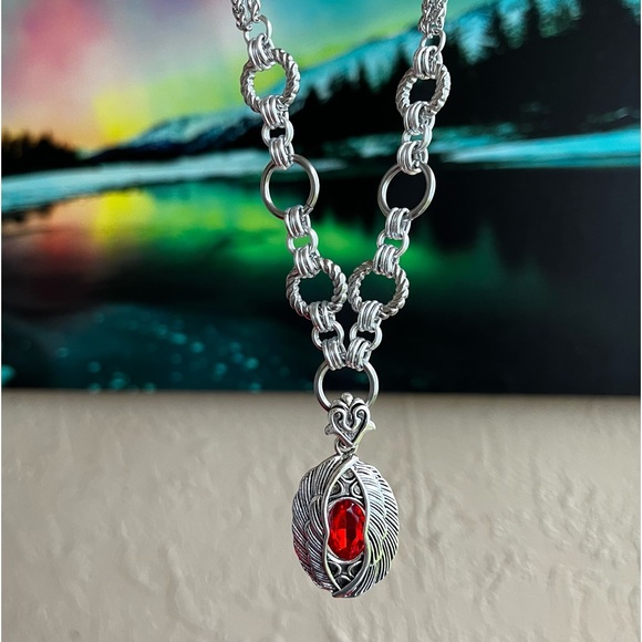 stainless steel necklace double wheat chain angel wings red stone charm . - Picture 7 of 13